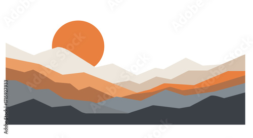 Abstract sunset over layered mountain ranges in minimalist style