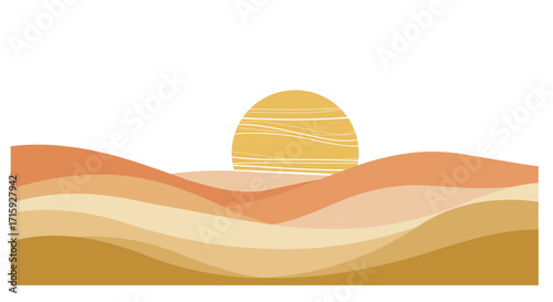 Abstract minimalist desert landscape with geometric sun and layered sand dunes