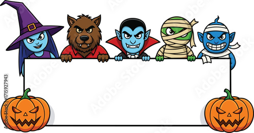 Halloween cartoon characters, witch, werewolf, vampire, mummy, monster, jack o lantern pumpkins, spooky banner design, funny horror party illustration