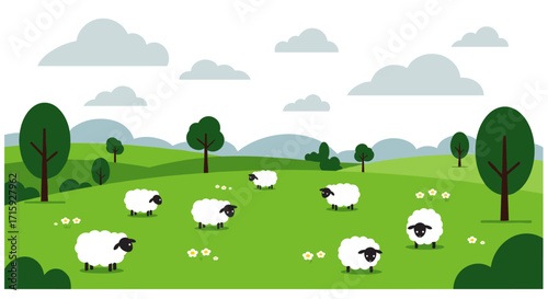 Peaceful pasture with sheep grazing in lush green landscape under cloudy sky
