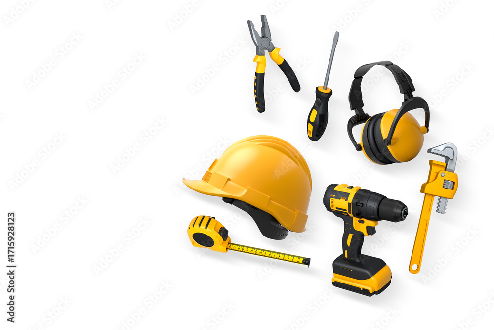 Fototapeta premium Various construction tools including wrench, hammer, pliers, and helmet isolated on white background with clipping path