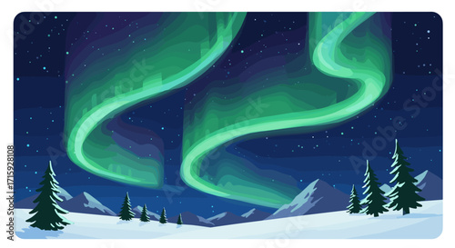 Mesmerizing aurora borealis over snowy landscape with pine trees and mountains