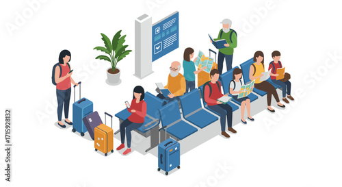 Isometric airport lounge scene with diverse travelers and luggage