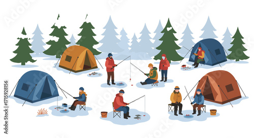 Winter camping adventure: people ice fishing in a snowy forest scene