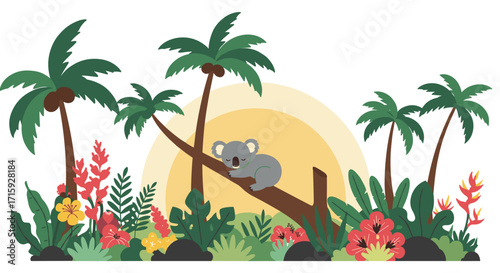 Cute koala on tree with tropical plants and sunset in the background