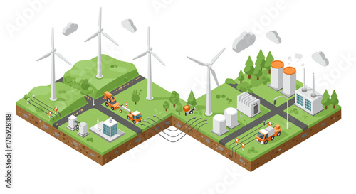 Isometric renewable energy landscape with wind turbines and power plan