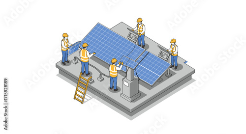 Isometric renewable energy: engineers installing solar panels with pre