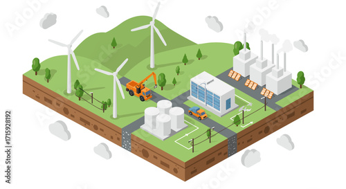 Isometric renewable energy landscape with wind turbines and power plan
