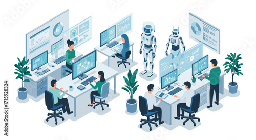 Modern office workspace with robots and employees in isometric design
