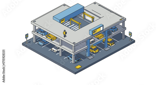 Isometric multi-level parking garage with cars and signage in urban en