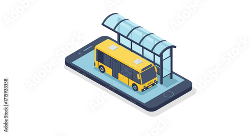 Isometric urban transport concept with bus on smartphone and bus stop