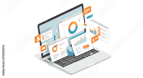 Isometric 3d laptop displaying interactive digital analytics dashboard