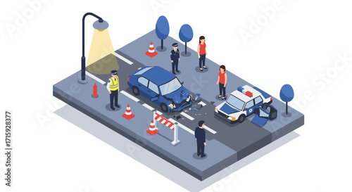 Isometric car accident scene with emergency responders and police offi