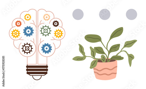 Lightbulb composed of colorful gears symbolizes innovation, creativity, and problem-solving. Adjacent potted plant conveys growth, sustainability, and eco-focus. Ideal for ideas, teamwork, progress