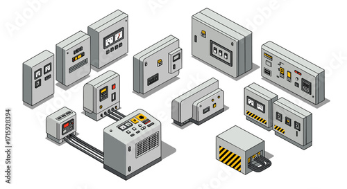Industrial control panels and circuit boxes isometric design