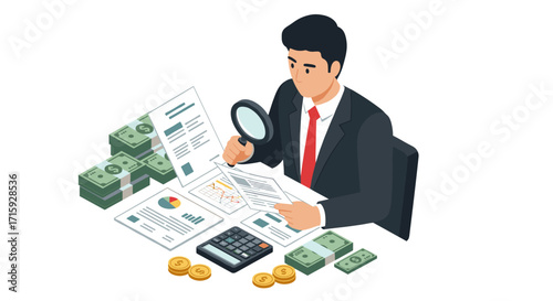 Businessman analyzing financial documents with magnifier and calculato