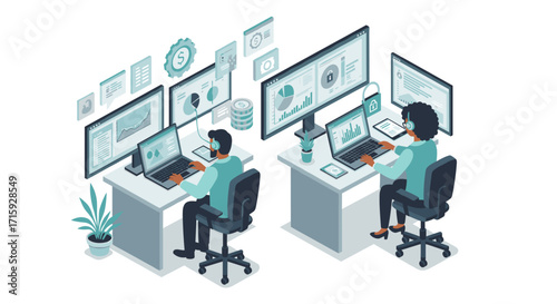 Isometric office workers analyzing data on multiple digital screens in