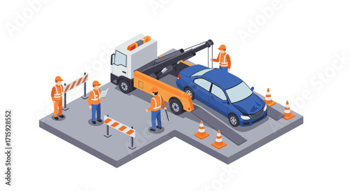 Isometric roadside assistance scene with tow truck and construction wo