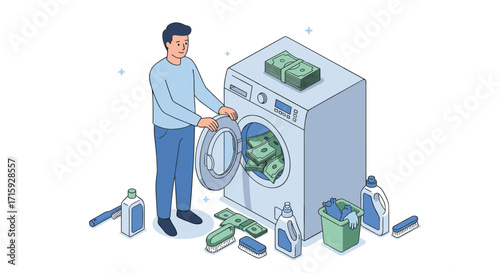 Money laundering concept with person using machine for cash cleaning i
