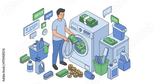 Money laundering concept in isometric style with businessman and washi