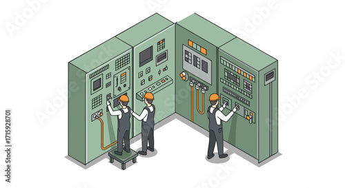 Control room with engineers operating machinery in isometric style