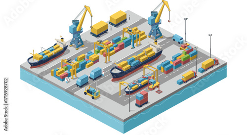 Isometric seaport with cargo ships, trucks, and cranes in a busy harbo