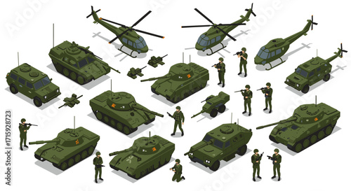Isometric military vehicles and soldiers collection on white backgroun
