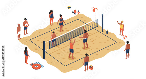 Isometric beach volleyball scene with active players and summertime elements