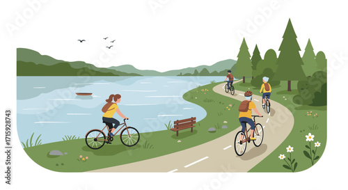 Scenic lakeside cycling path with cyclists in landscape