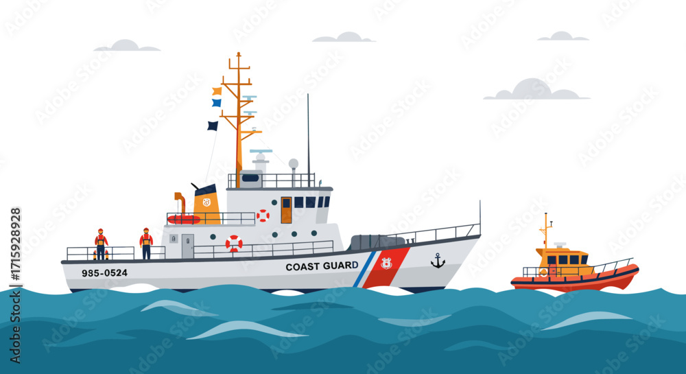 Fototapeta premium Coast guard ships on ocean with crew in uniform under clouds