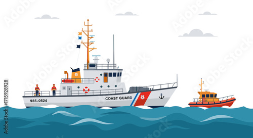 Coast guard ships on ocean with crew in uniform under clouds