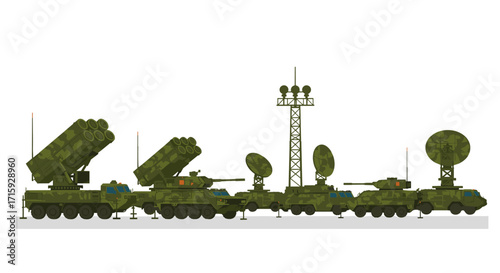 Military equipment silhouette featuring missile launchers and radar towers