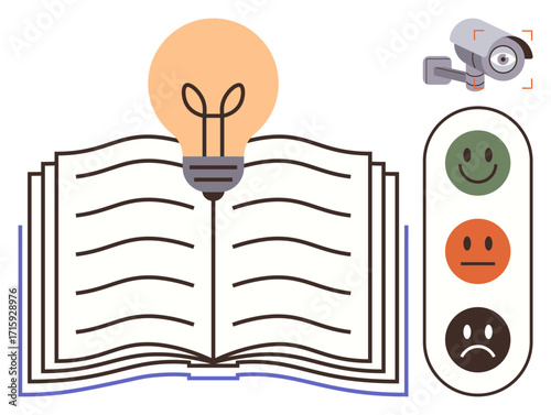 Open book under a glowing light bulb symbolizing knowledge and creativity. Nearby, feedback emoticons and a security camera depict evaluation, surveillance, and information. Ideal for education