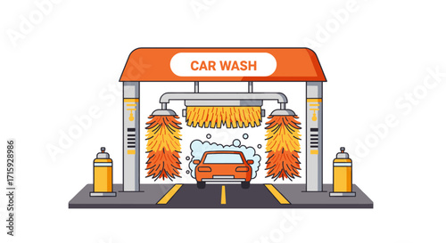 Automated car wash station with vehicle and cleaning brushes in flat design