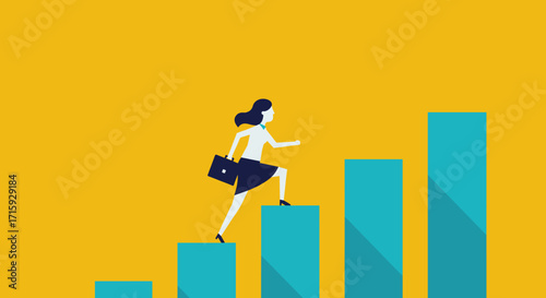 Businesswoman climbing career ladder on bar graph for success and growth