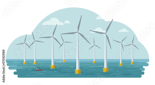 Offshore wind turbines in ocean with fishing boat and cloudy sky