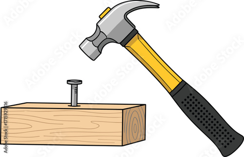 Hammer hitting nail, woodworking tool, construction equipment, carpentry illustration, DIY repair, building work, wooden block, home improvement design