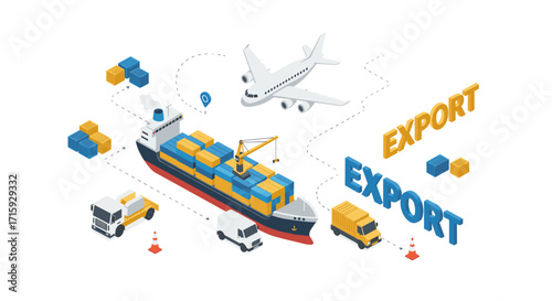 Isometric global shipping logistics with cargo transport and export elements