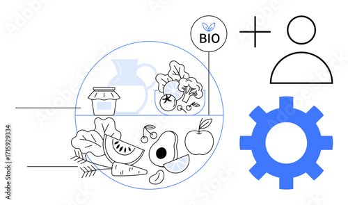 Fresh fruits, vegetables, and organic-certified products combined with human teamwork and technology gear. Ideal for sustainability, healthy eating, organic farming, collaboration, eco-friendly