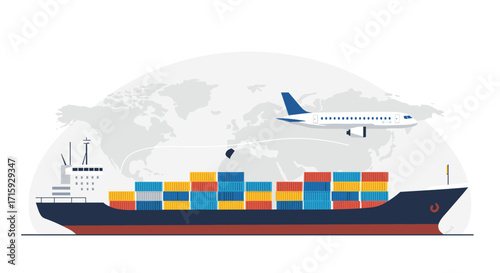 Global trade concept with cargo ship, shipping containers, and airplane over world map