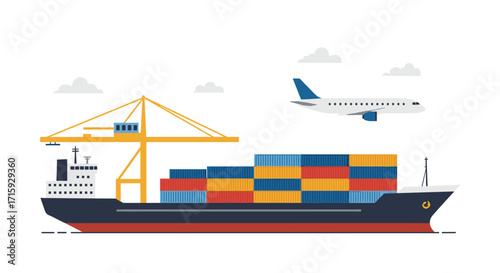 Cargo ship and airplane in transit with crane and shipping containers