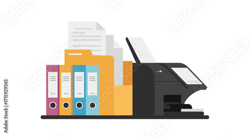 Office printer and documents with colorful folders on white background