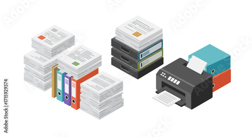 Isometric office supplies: printer, documents, binders, and paper stacks