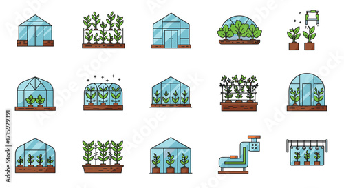 Flat greenhouse icons with plants and hydroponic systems for gardening