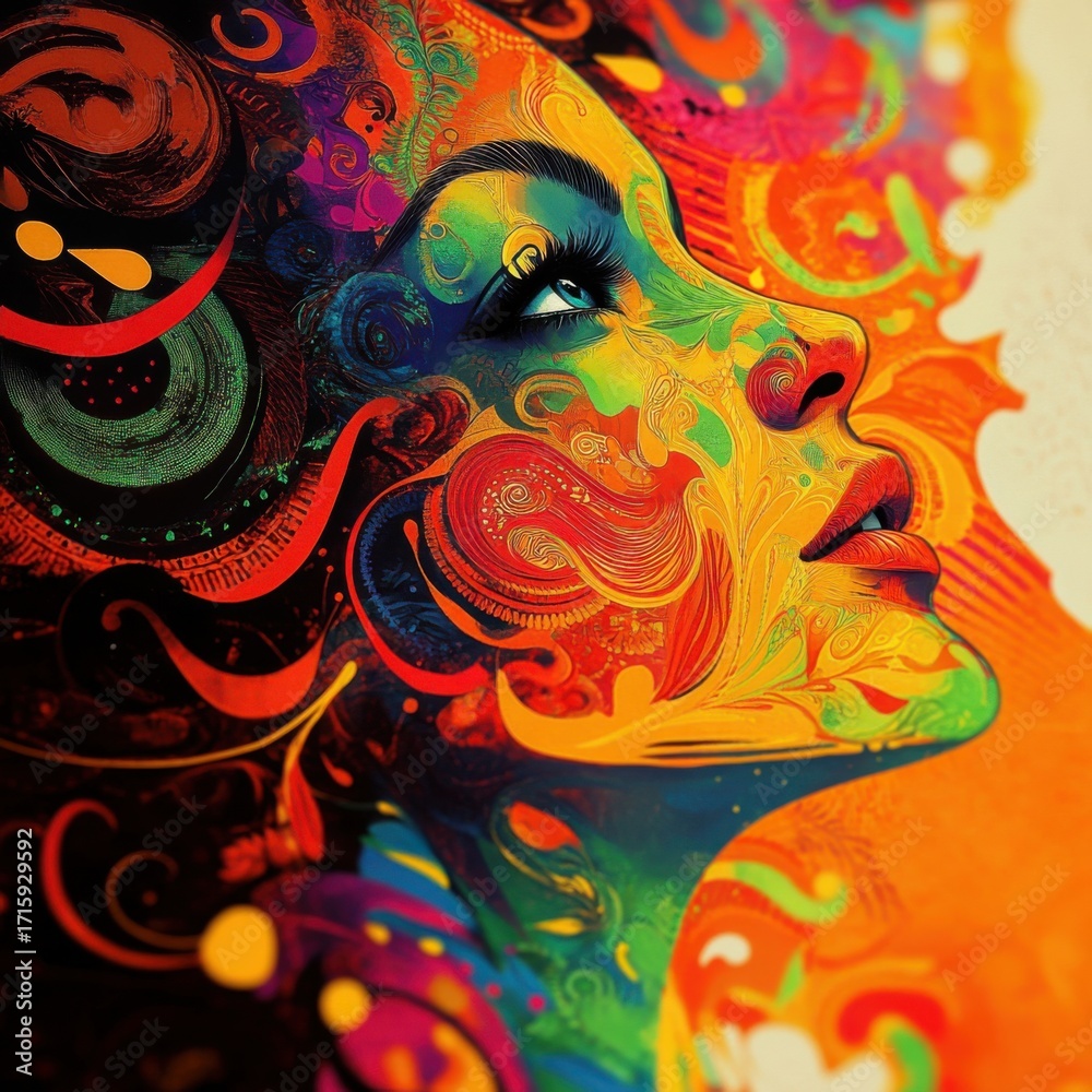 Obraz premium Vibrant abstract portrait of a woman creative art studio digital artwork colorful environment close-up view expression of emotions