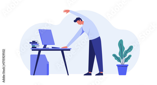 Office worker stretching at desk in minimalist workspace with computer and plant