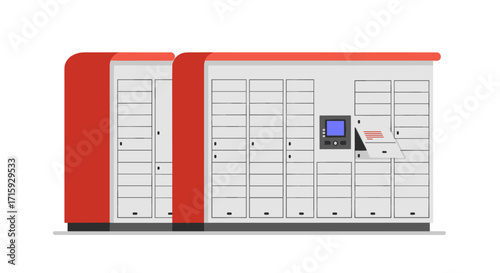 Parcel locker box with red accents and digital screen interface