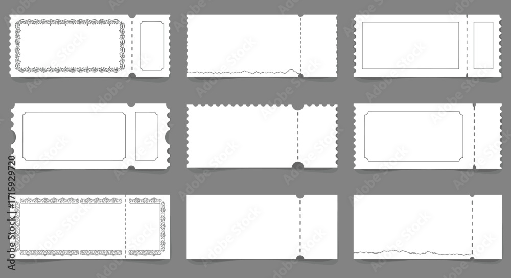 Obraz premium Blank ticket set with perforated edges on gray background