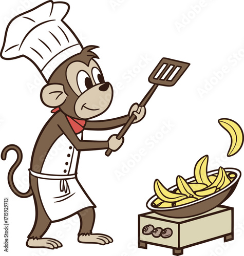 Whimsical monkey chef cooking delicious bananas in a frying pan illustration