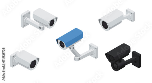 Isometric security cameras collection with various colors and designs